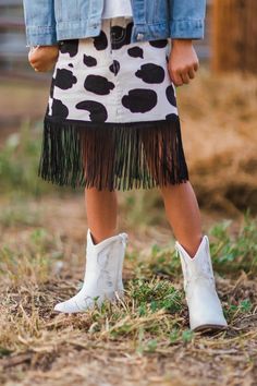 Cowgirl Costume - 3 Piece Set | Sparkle In Pink Cow Print Skirt, White Puff Sleeve Top, Top Cow, Sparkle In Pink, Cowgirl Costume, Black Fringe, Fun Time, Printed Denim, Print Skirt