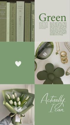 a collage of green and white items including flowers, books, sunglasses and necklaces