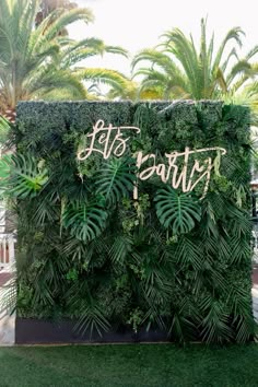 a sign that says, let's party surrounded by greenery and palm trees