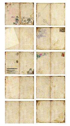 several old papers are stacked on top of each other, with different designs and colors