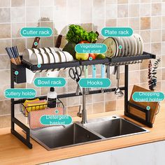 the kitchen sink has many different types of dishes on it and labeled with their names