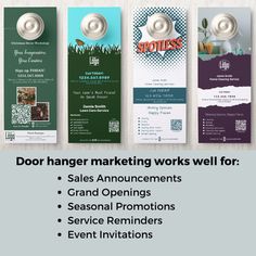 three door hangers with the words do't hanger marketing works well for sales announcements grand opening seasonal promotion service reminders event