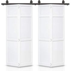 two white doors with black handles on each side