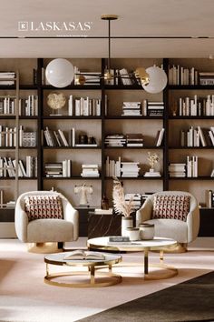 a living room with two chairs and a coffee table in front of bookshelves