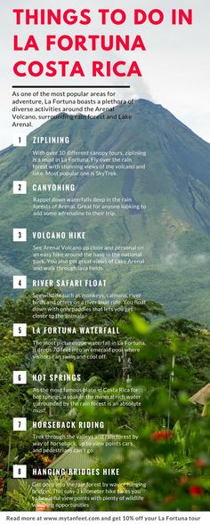 a poster with the words things to do in la fortuna costa rica