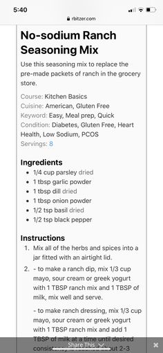 an iphone screen showing the menus and instructions for no - soum ranch seasoning mix