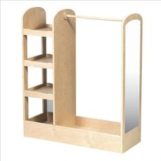 a wooden shelf with mirrors and shelves on it's sides, against a white background