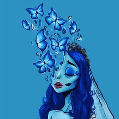 a drawing of a woman with blue hair and butterflies on her head, wearing a wedding dress