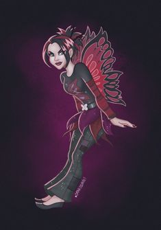 a drawing of a woman with pink hair and wings on her body, standing in front of a dark background