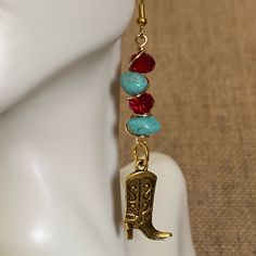 Handmade Western Style Wire Wrapped Earrings Boot Charm Gold Tone Handmade Southwestern Gold Earrings, Turquoise Wire Wrapped Teardrop Earrings, Southwestern Brown Hand-strung Jewelry, Turquoise 14k Gold-filled Earrings With Ear Wire, Stud Fashion, Wedding Studs, Kate Spade Earrings, Mini Hoop Earrings, Wrapped Earrings