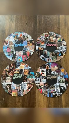 three coasters covered in pictures of various people and their names on them, sitting on a wooden surface