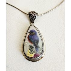 This Vintage Necklace Is A Unique Piece Of Jewelry That Features A Hand-Painted Bird Pendant. The Pendant Is Made From Broken China And Set In A Teardrop Shape, With An Oval Main Stone Of Unknown Origin. The Necklace Is Made From Sterling Silver With A Lobster Closure, And Measures 15 Inches In Length. The Color Of The Necklace Is Silver With Blue Accents, And The Style Is A Pendant. This Necklace Is A Great Addition To Any Fine Jewelry Collection, With A Theme Of Birds And A Material Of Ceramic Broken China Jewelry Tutorial, Scandi Flat, Broken Pottery Jewelry, Pottery Jewelry, Broken China Jewelry, China Jewelry, Broken China, Bird Pendant, Pottery Pieces