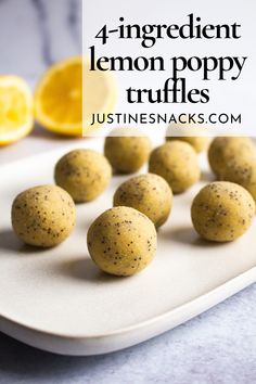 lemon poppy truffles on a white plate with the words, 4 ingredient lemon poppy truffles