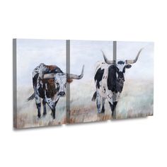 three paintings of longhorn cows in a field