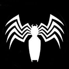 a black and white spider logo on a black background