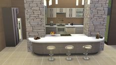 an image of a kitchen setting with stools in the foreground and stone walls on the background