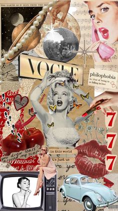 a collage of various images including an old car, woman's face and the word voie