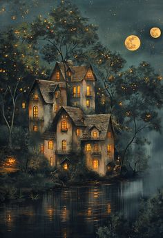 a painting of a house in the woods at night