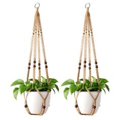 two hanging planters with plants and beads on the ends, one holding a potted plant