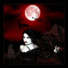 a woman standing in front of a full moon with bats flying over her head and the background is red