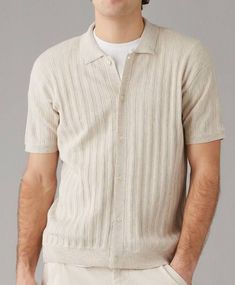 Casual Button-up Ribbed Sweater, Casual Short Sleeve Sweater With Buttons, Short-sleeved Ribbed Polo Sweater For Fall, Classic Button-up Ribbed Sweater, Classic Ribbed Button-up Sweater, Casual Knit Polo Sweater With Buttons, Fall Ribbed Short Sleeve Polo Sweater, White Collared Ribbed Sweater, Beige Short Sleeve Casual Polo Sweater