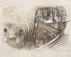 an artistic drawing of a staircase in a building