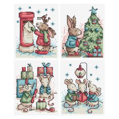 four cross stitch christmas cards with rabbits and presents