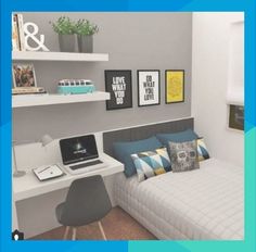 a small bedroom with a bed, desk and laptop on the shelf next to it