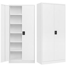 two white cupboards side by side, one with shelves and the other without doors