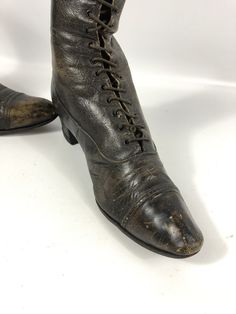 These Antique leather women's high heel boots have the perfect amount of wear to be worn or displayed! They're and amazing pair and quite early - one has info on the sole about the Mishawaka MFG plant. They're lovely vintage boots with a nice high heel. They do have wear to the leather (see photos) and the leather is a bit fragile on the surface, but they're an incredible find. Please contact me with your questions! Historical Formal Boots With Leather Sole, Vintage Lace-up Boots With Leather Sole For Formal Occasions, Victorian Boots With Leather Sole, Vintage Lace-up Boots With Pointed Toe And Leather Sole, Vintage Heeled Boots With Pointed Toe And Leather Sole, Historical Formal Boots With Round Toe, Historical Round Toe Boots For Formal Occasions, Historical Round Toe Formal Boots, Vintage Lace-up Boots For Formal Fall Events