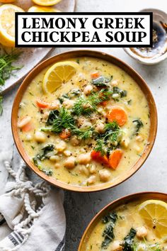 two bowls filled with lemony greek chickpea soup