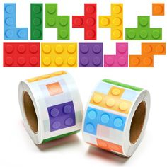 two rolls of colored lego blocks are next to each other on a white background with different colors