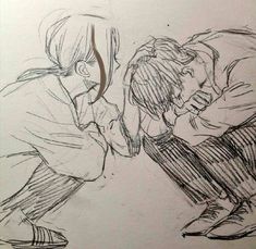 a drawing of two people touching each other's foreheads, with one holding his head down