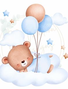 a teddy bear floating in the clouds with balloons