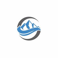 a mountain logo with water waves inside the circle