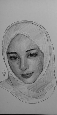 a drawing of a woman's face with a headscarf