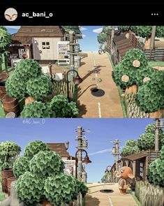 two screens show the same scene in animal crossing, and one shows an empty street