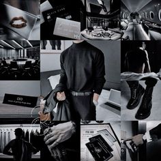 black and white collage with man in business attire holding his hand on the bag