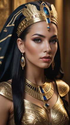 an egyptian woman wearing gold jewelry and blue eyeshade, with long black hair