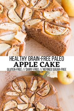 an apple cake is cut into slices on a cutting board