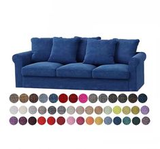 a blue couch with lots of pillows on it