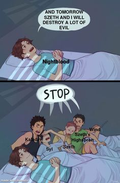 two comics with one saying stop and the other saying no sleep in bed at night