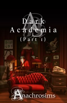 the cover for dark academy part 1, featuring a red couch in front of a black background