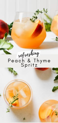 two glasses filled with peach and thyme spritz on top of a table