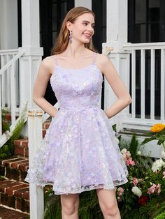 Summer Prom Mini Lace Dress, Lace Mini Dress With Spaghetti Straps For Prom, Lace Mini Dress With Spaghetti Straps For Homecoming, Spring Prom Lace Dress With Spaghetti Straps, Lilac Hoco Dress, Mini Hoco Dress, Prom Men, Bat Mitzvah Dresses, Sleeveless Chiffon Dress