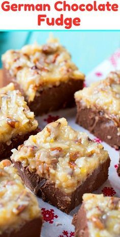 german chocolate fudge brownies on a red and white tablecloth with text overlay