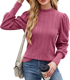 PRICES MAY VARY. ✦Soft Material: Women's puff sleeve tops are made of high-quality ribbed knit fabric, lightweight, soft, stretchy, and super comfy. Soft fabrics give you a comfortable experience at all times. ✦Puff Sleeve Design: The women's fall pullover sweater design with puff sleeves gives this top a stylish look. It's a must-have item in any fashion-forward women's wardrobe, making you more feminine and charming. ✦Mock Neck Design: This fall tops for women features a cozy mock neck design Fall Tops For Women, Fall Pullover Sweaters, Sweaters Trendy, Puff Long Sleeve Top, Women Fall Tops, Fall Pullover, Fall Tops, Christmas Sweaters For Women, Puff Sleeve Sweater