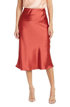 Elevate your wardrobe with this pull-on bias satin midi skirt for elegant, feminine style. 31" length (size S) Elasticized waist Pull-on style Satin construction 97% polyester, 3% spandex Machine wash cold, line dry Made in USA Model’s stats for sizing: 5’10” height, 34” bust, 27” waist, 35” hips. Model is wearing size S. Formal Satin Knee-length Skirt, Formal Knee-length Satin Skirt, Sleek Satin Bottoms Midi Length, Sleek Satin Midi-length Bottoms, Sleek Satin Midi Bottoms, Relaxed Satin Pencil Midi Skirt, Relaxed Fit Satin Midi Pencil Skirt, Relaxed Midi Skirt With Bias Cut, Elegant Knee-length Satin Bottoms