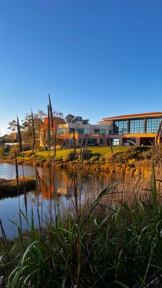 a large building sitting on top of a lush green field next to a lake and tall grass