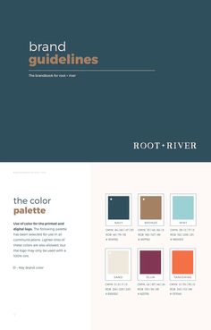 the brand guidelines for root - river are shown in three different colors, including blue and brown